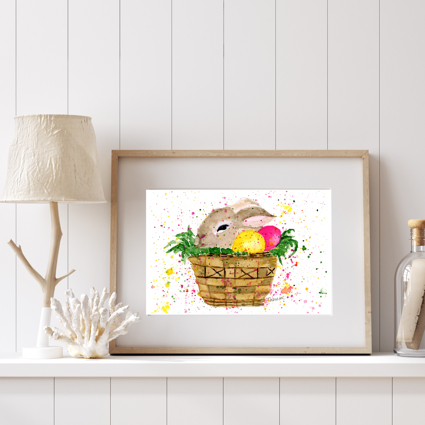 Whimsical Easter Basket Bunny Watercolor Art Print