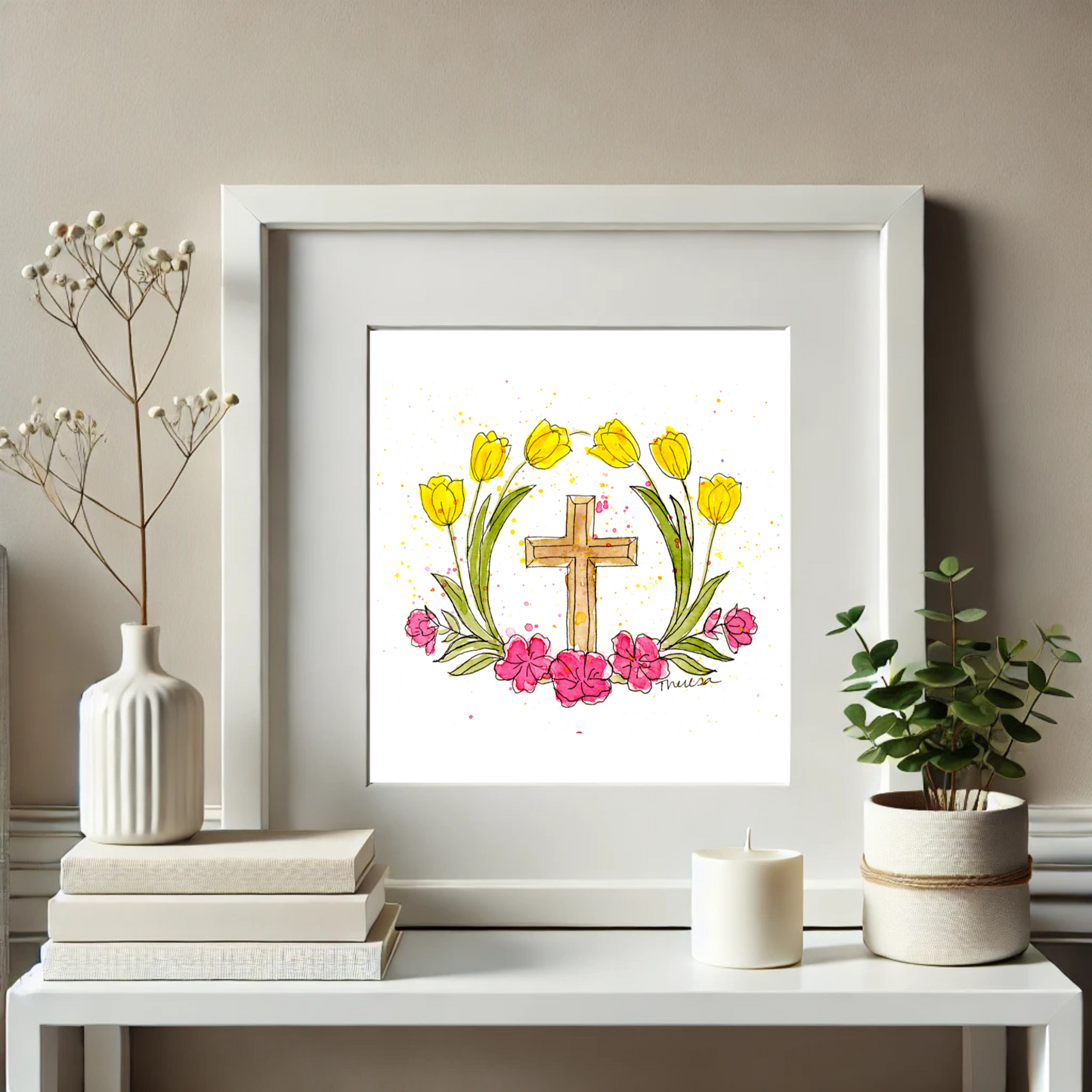 Cross with Tulips Watercolor Art Print - Unique Easter Decor and Gift Idea