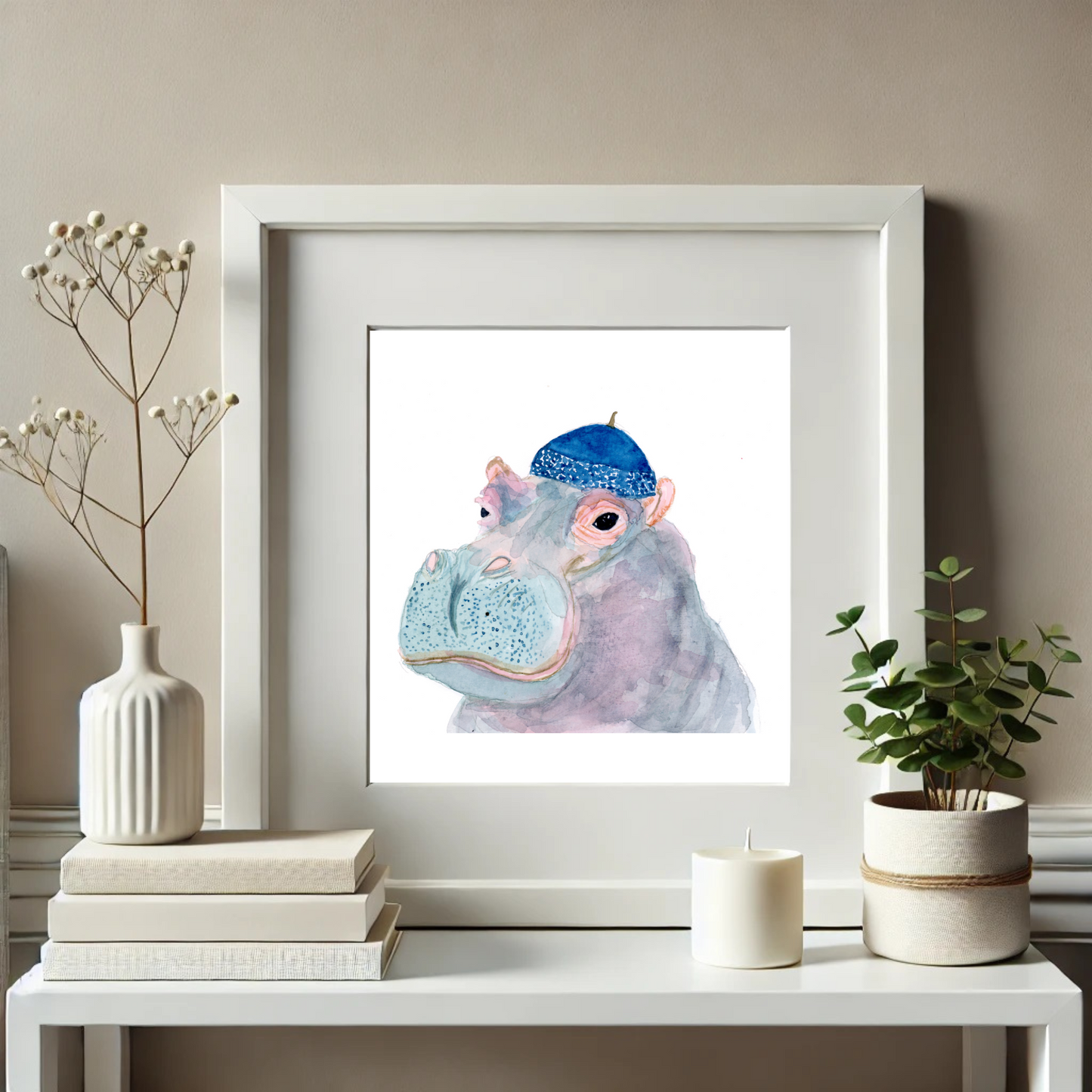 Hippo with Beanie Watercolor Art Print - Judaic Art
