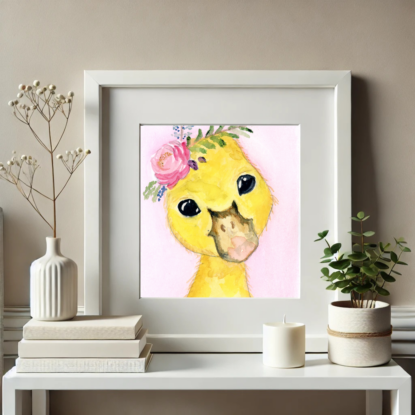 Chick with Flower Tiara Art Print - Whimsical Watercolor home Decor