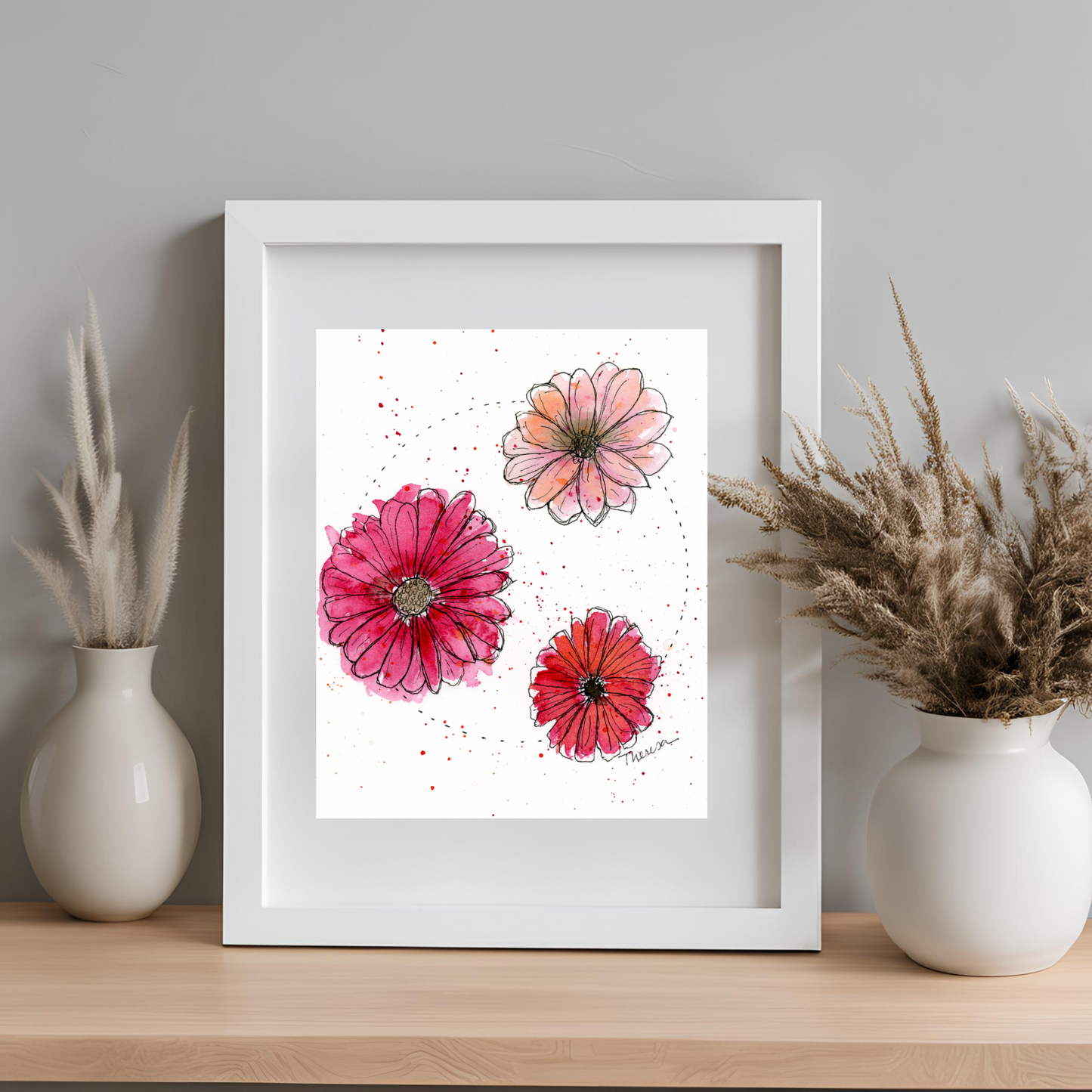 Flowers Spring Blooms: Three Pink Flowers Watercolor and Pen Art Print