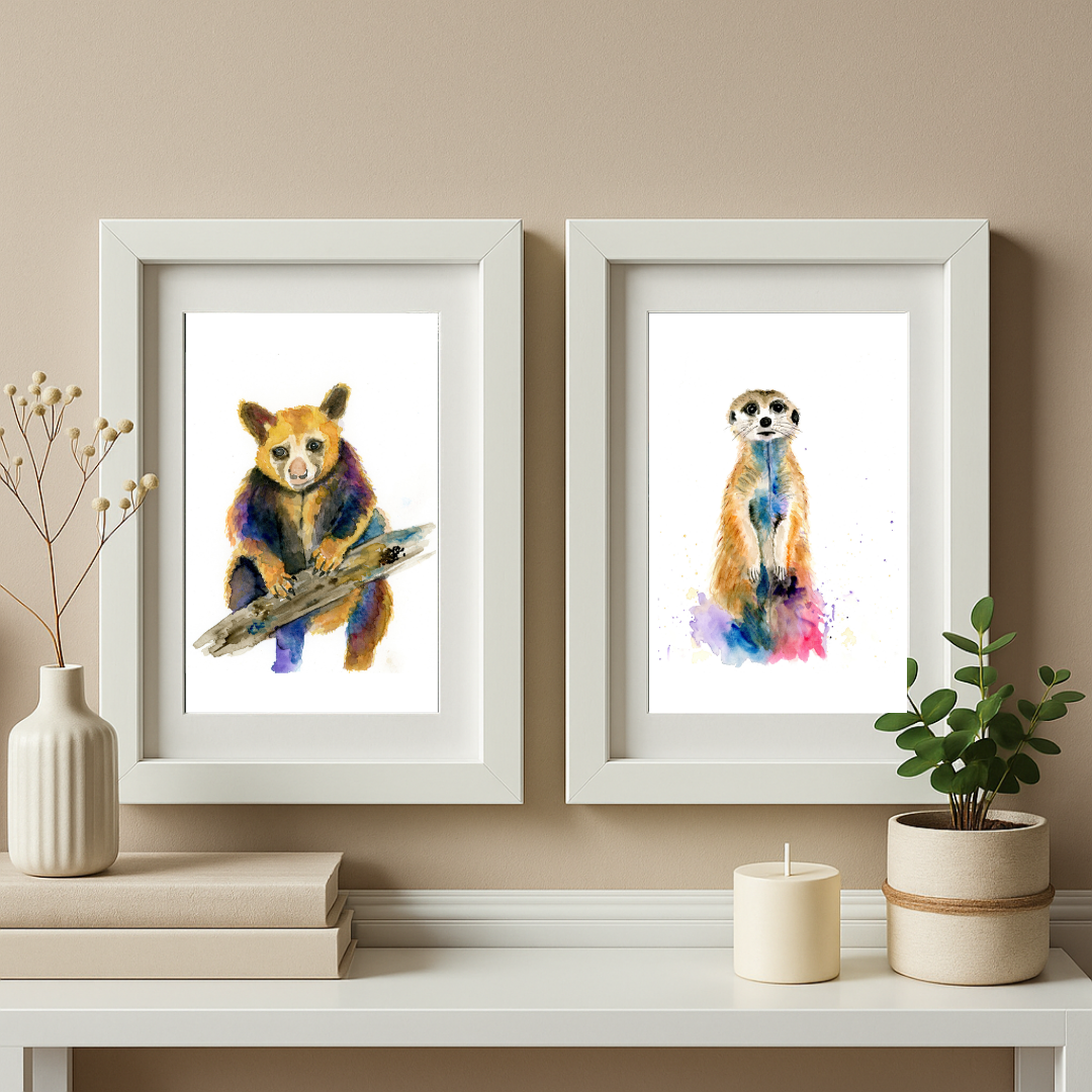 Two framed watercolor animal prints hang on a beige wall above a white console table. The left print shows a bear holding a log, and the right print shows a meerkat, both in white frames.
