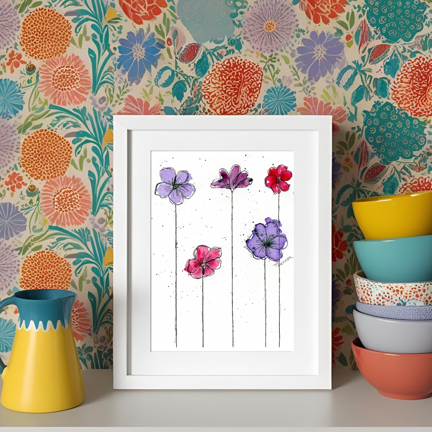 Pink and Purple Whimsical Watercolor and Pen Art Print -Springtime Delight