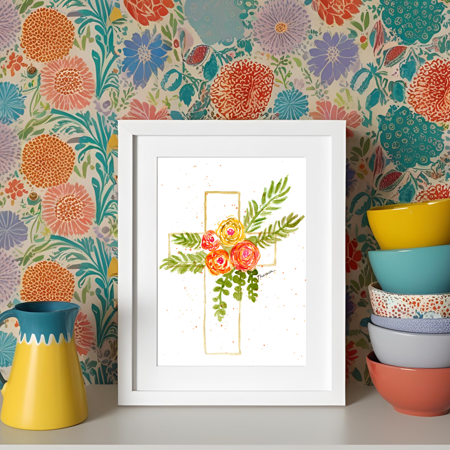 Cross with Flowers Watercolor Art Print - Unique Christian Décor