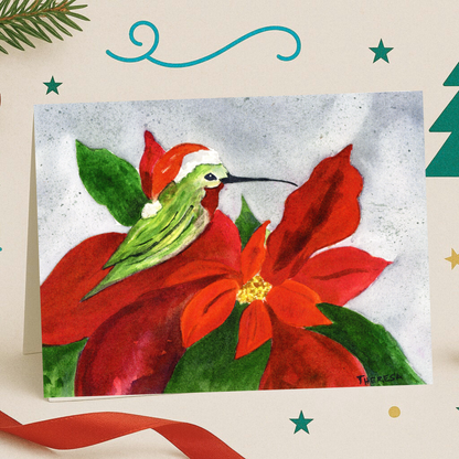 Hummingbird Poinsettia Note Card