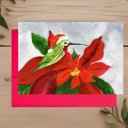 Hummingbird Poinsettia Note Card