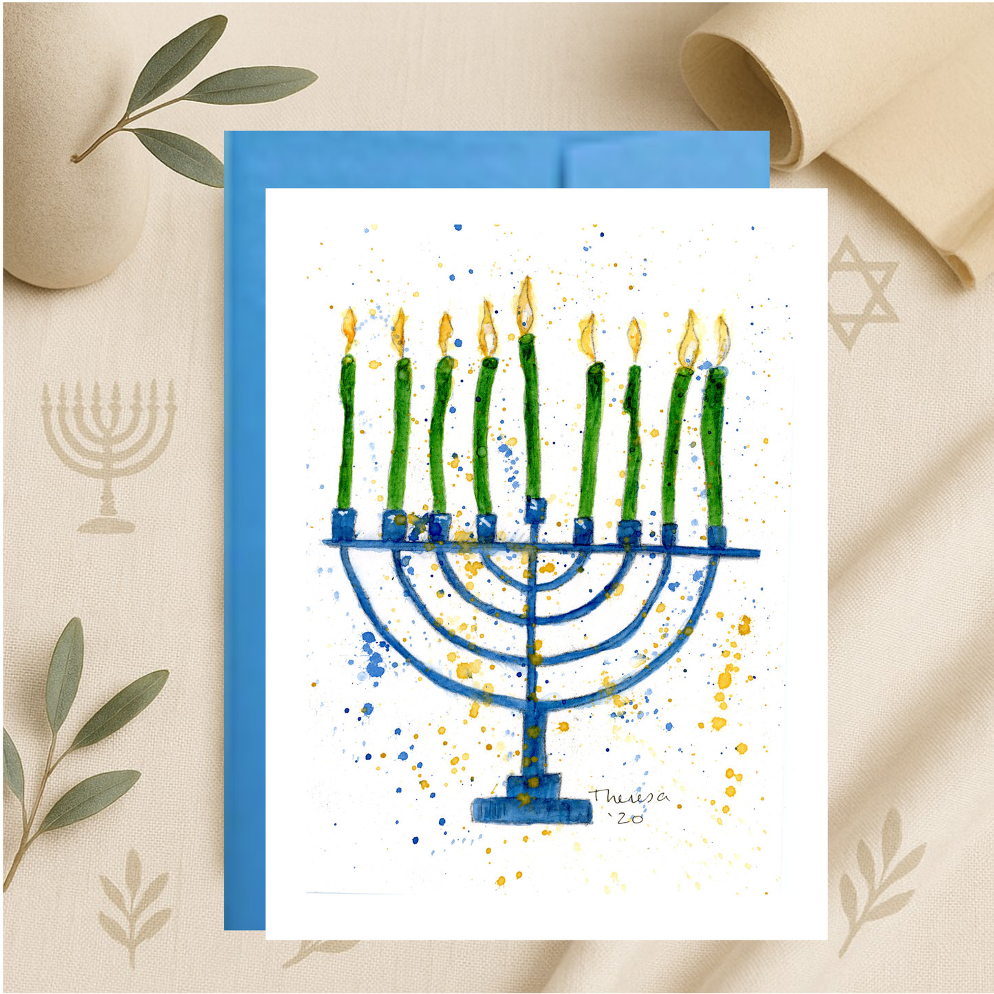 Menorah Blue & Green Splattered Note Card