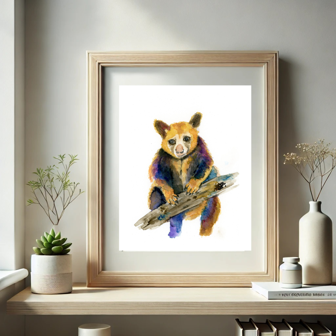 A watercolor art print of a colorful bear sitting on a log.