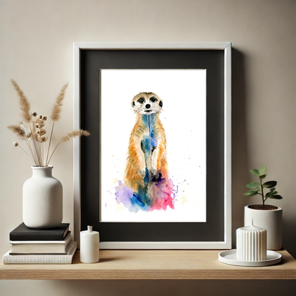 A watercolor art print of a meerkat standing
