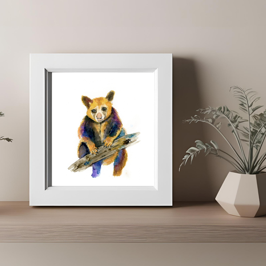 A  watercolor art print of a colorful bear sitting on a log.