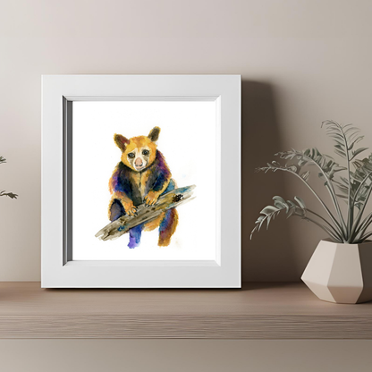 A  watercolor art print of a colorful bear sitting on a log.