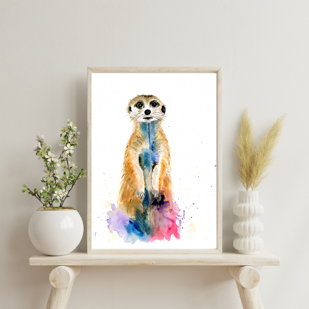 A watercolor art print of a meerkat standing