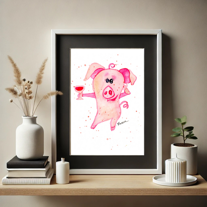 Pig with Wine Print