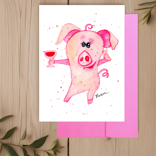 Pig with Wine Note Card