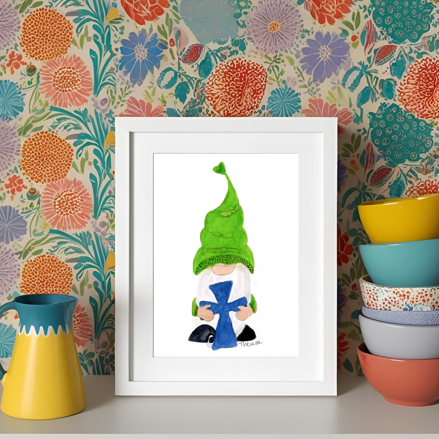 Gnome with a Cross Whimsical Watercolor Print