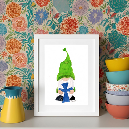Gnome with a Cross Whimsical Watercolor Print