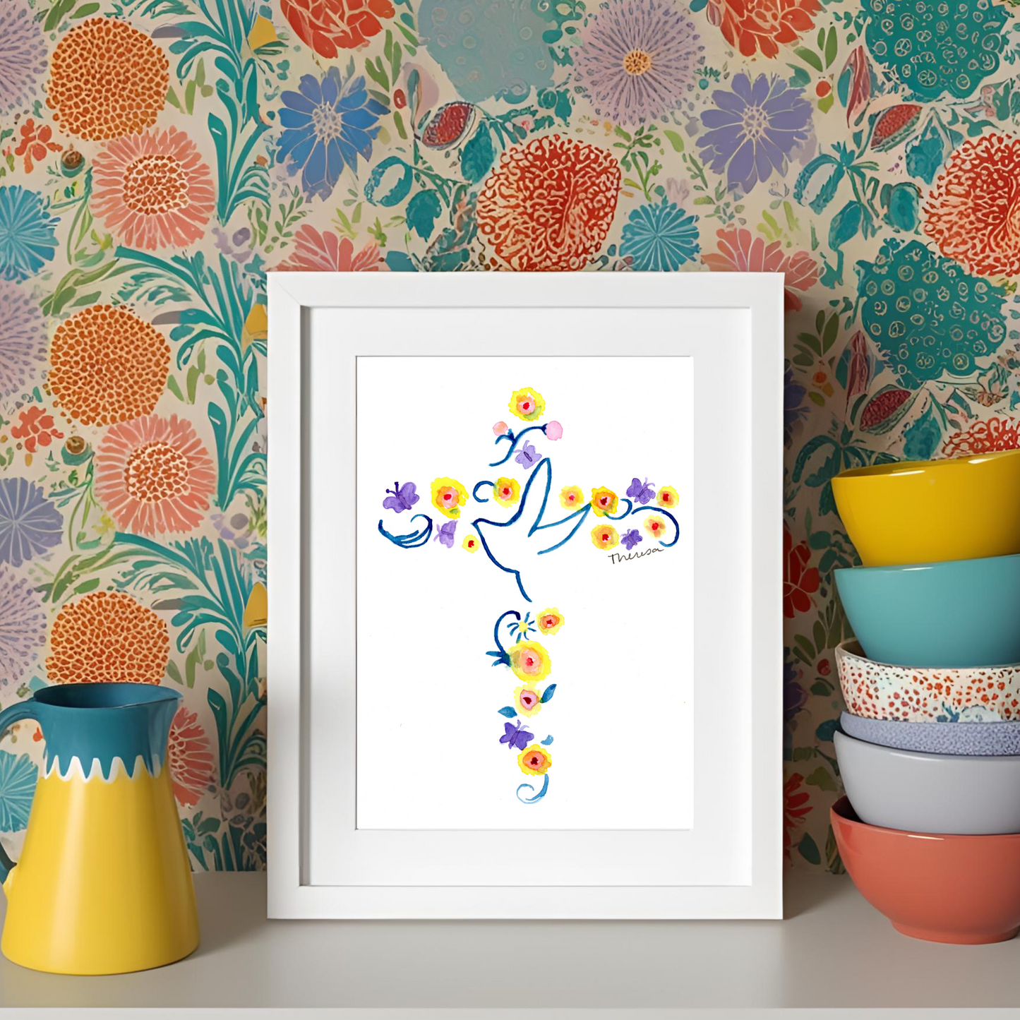 Cross with Dove and Flowers Watercolor Art Print
